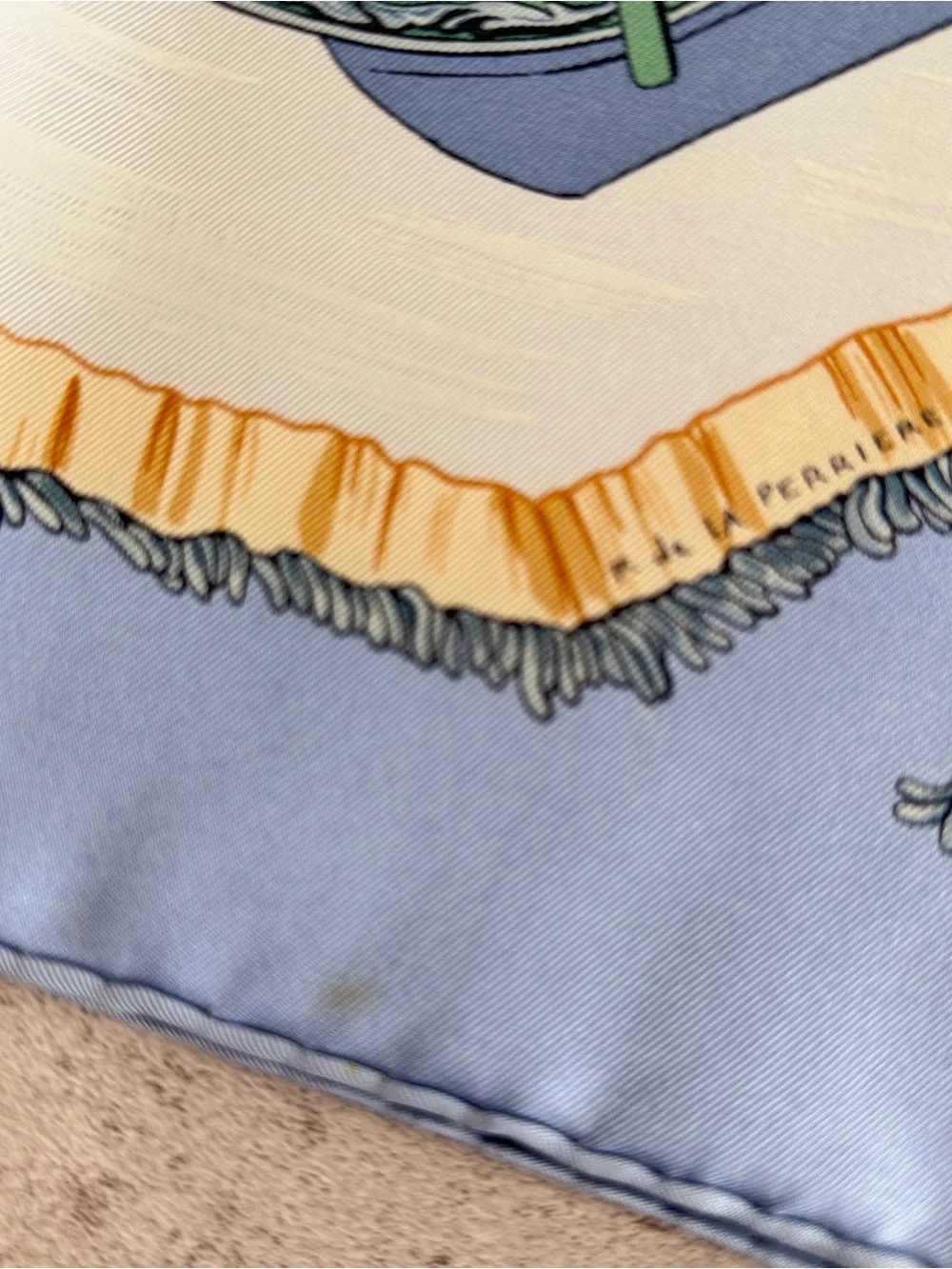 Hermes Blue, Cream and Orange Silk Scarf — Winter Sleigh Tableau